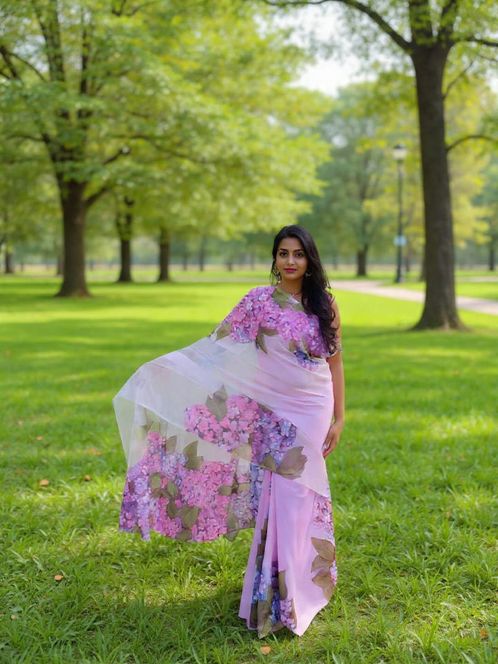 Hydrangea flowers hand painted on a pure Mul cotton chanderi fabric