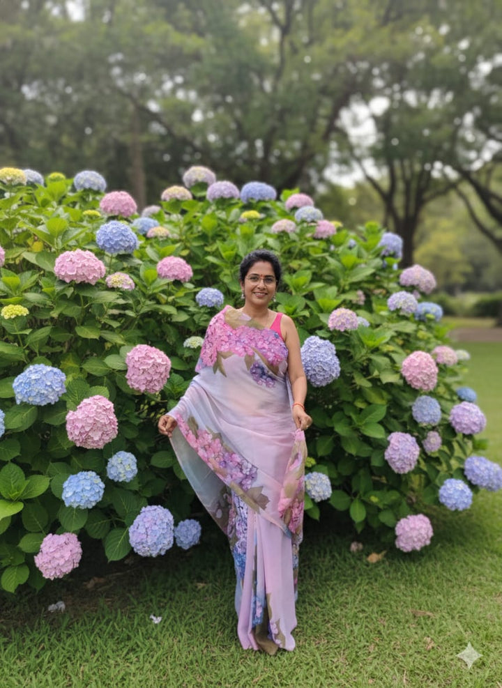 Hydrangea flowers hand painted on a pure Mul cotton chanderi fabric