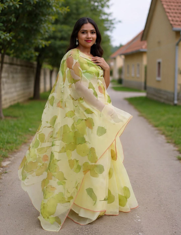 Hand-painted peepal leaves on a pure viscose silk organza saree