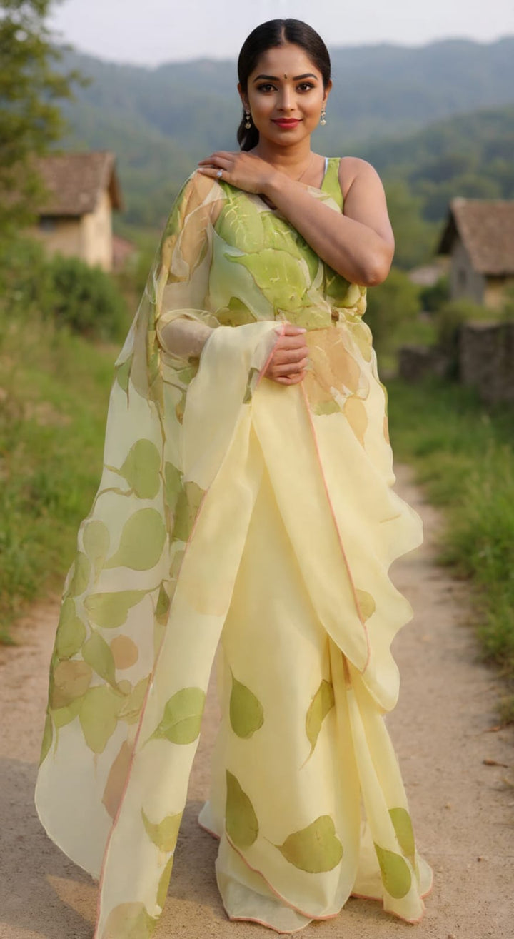 Hand-painted peepal leaves on a pure viscose silk organza saree