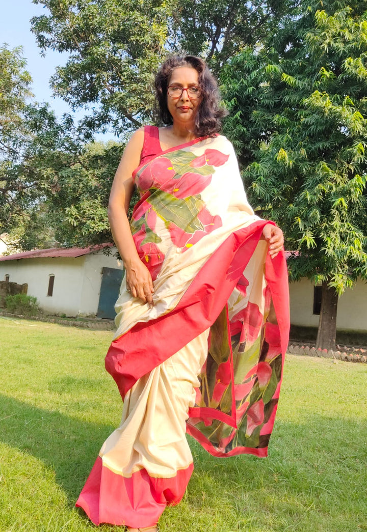 Red Arum lilies hand painted on pure banarasi munga silk saree