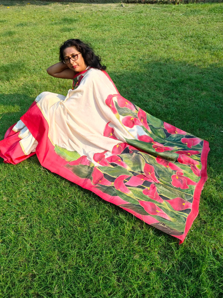 Red Arum lilies hand painted on pure banarasi munga silk saree