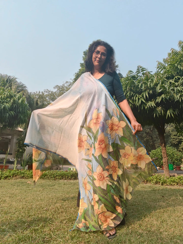 Hand painted daffodils on pure Kota cotton dupatta