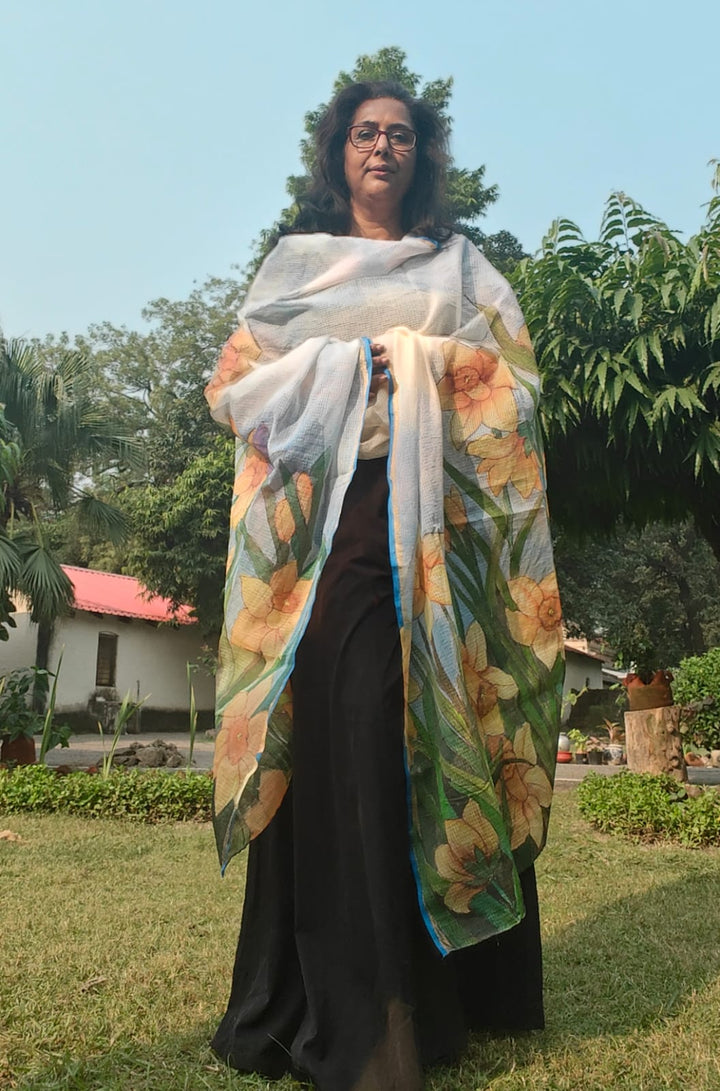 Hand painted daffodils on pure Kota cotton dupatta