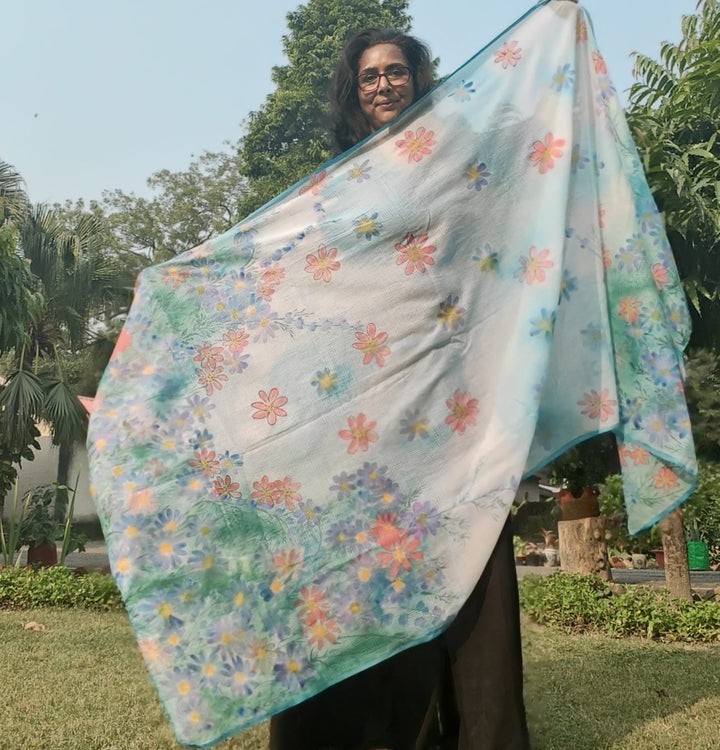 Hand painted wild flowers on pure Kota cotton dupatta