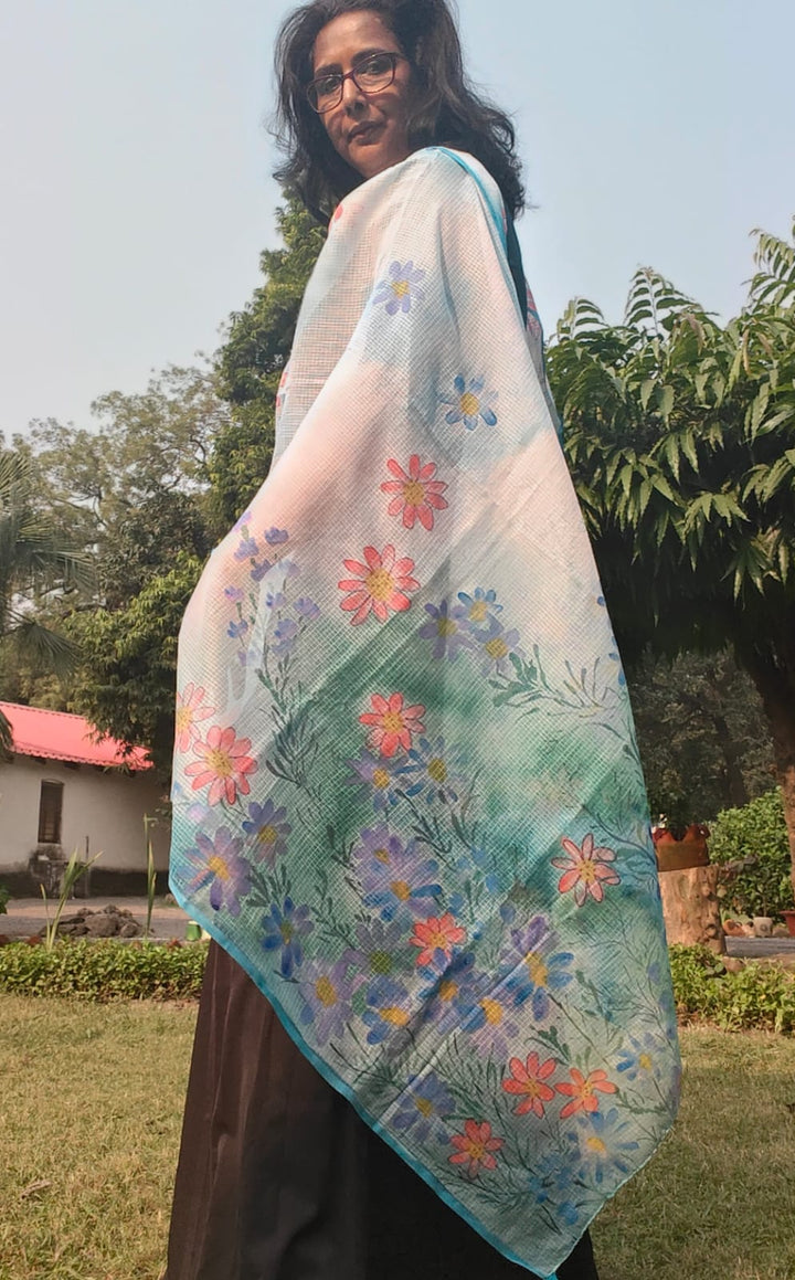 Hand painted wild flowers on pure Kota cotton dupatta
