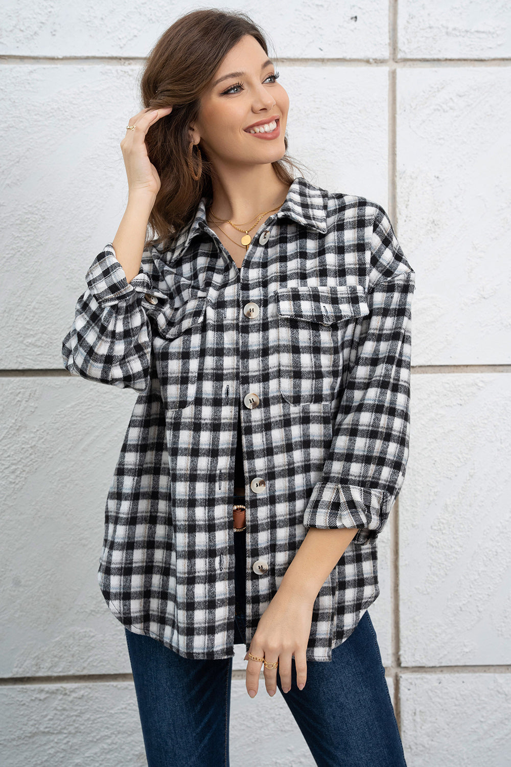 Plaid Dropped Shoulder Shirt Jacket