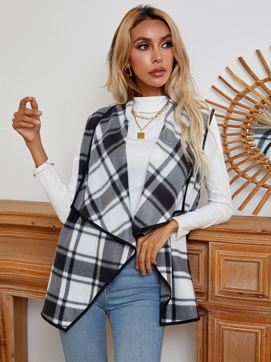 Shiny Plaid Open Front Vest