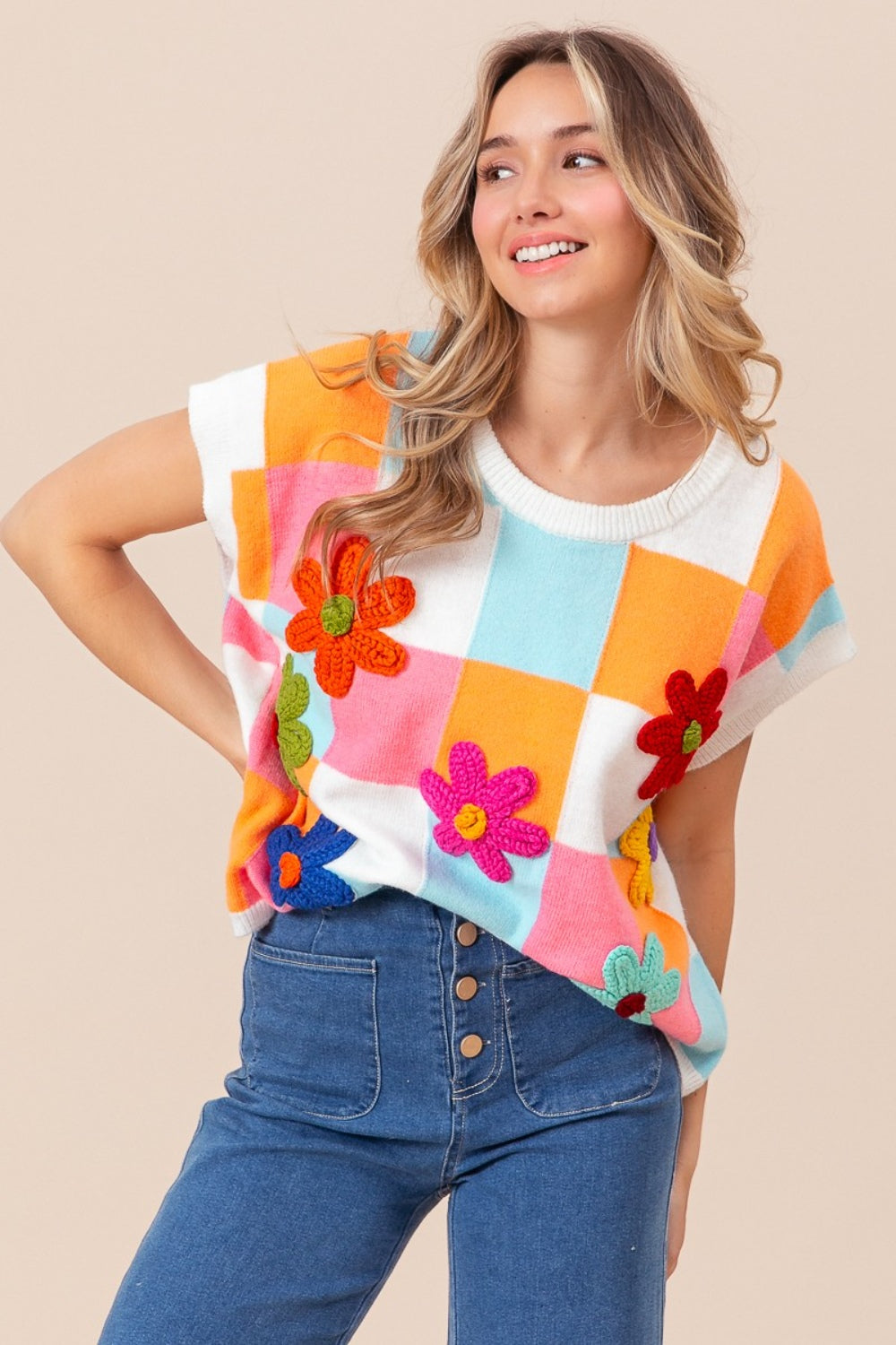 BiBi Flower Patch Checkered Sweater