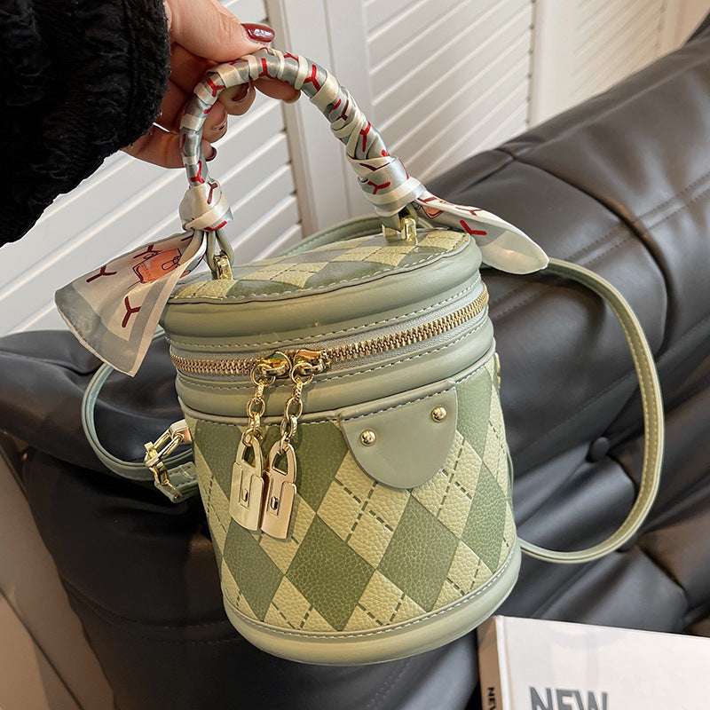 Round Bag Female Bag Ling Lattice Crossbody Bag Portable Bucket Bag Female