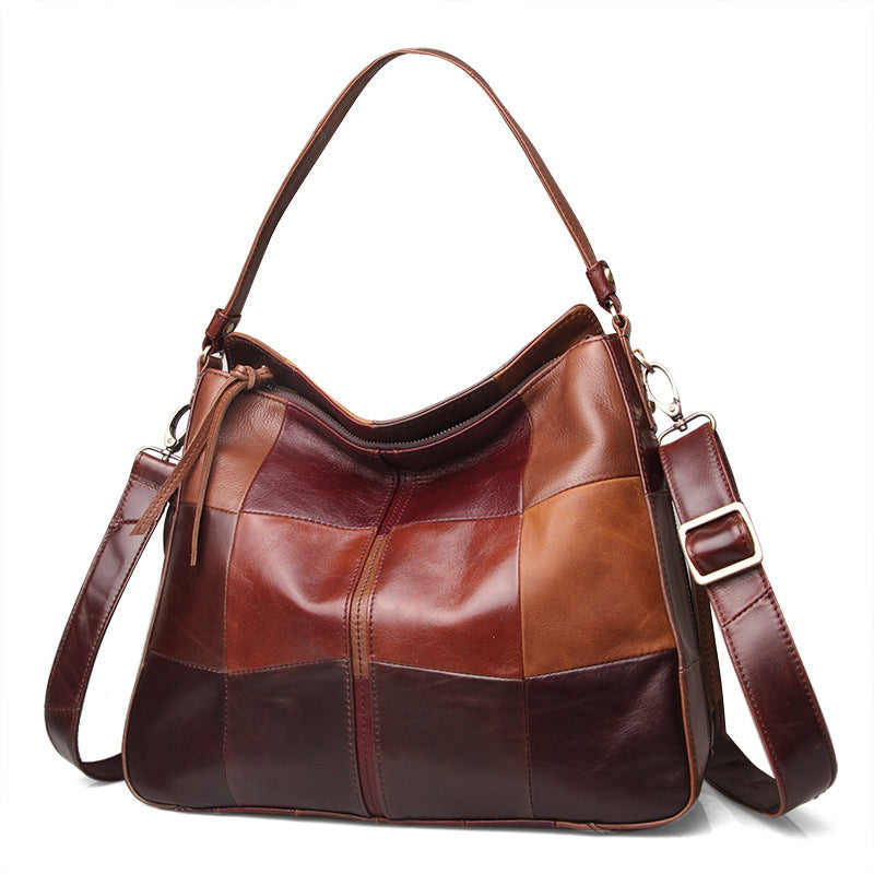 Retro Female Bag Leather Hit Color Top Layer Cowhide Handbag Color Stitching One-shoulder Messenger Bag Leisure