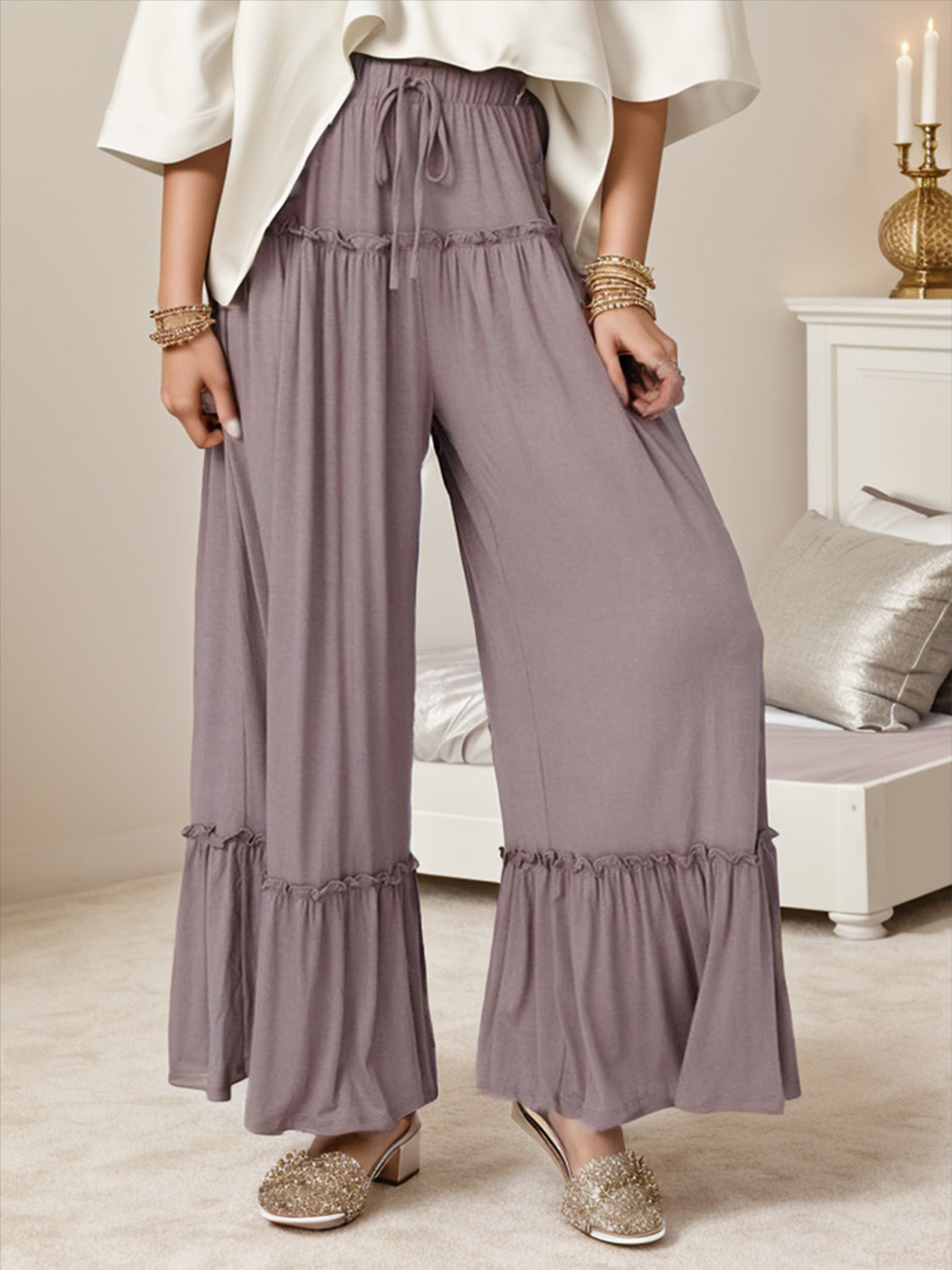 Wide Leg Ruffle Trim Pants