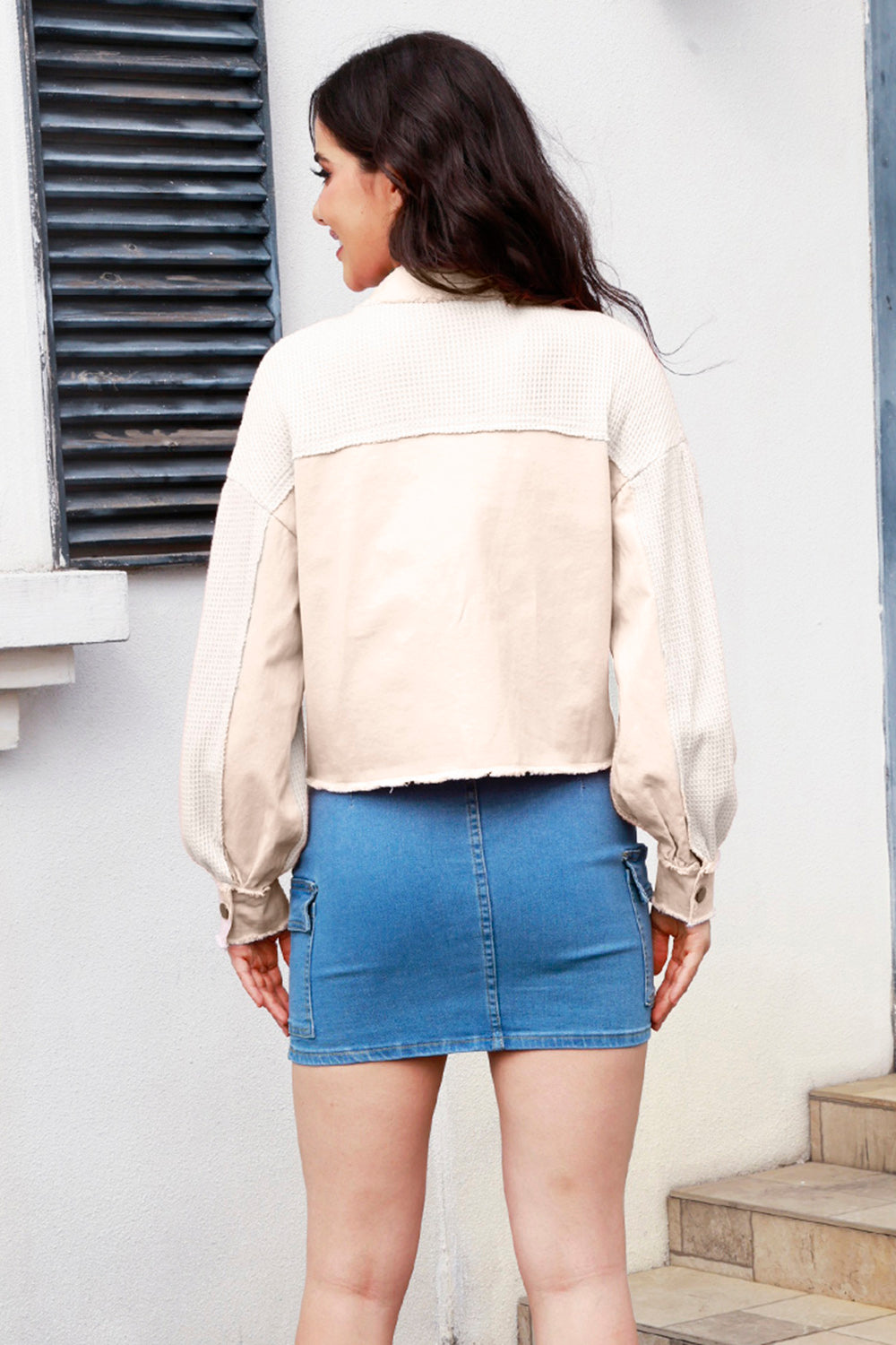 MeiMei Button Up Raw Hem Long Sleeve Jacket