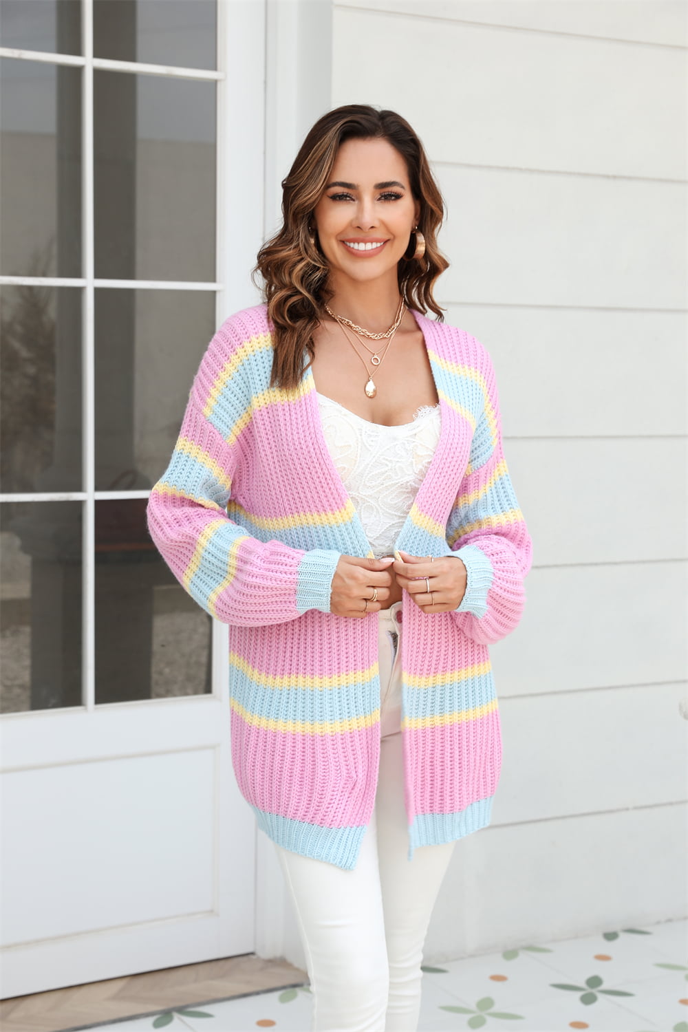 Angel Wings Color Block Ribbed Dropped Shoulder Open Front Cardigan