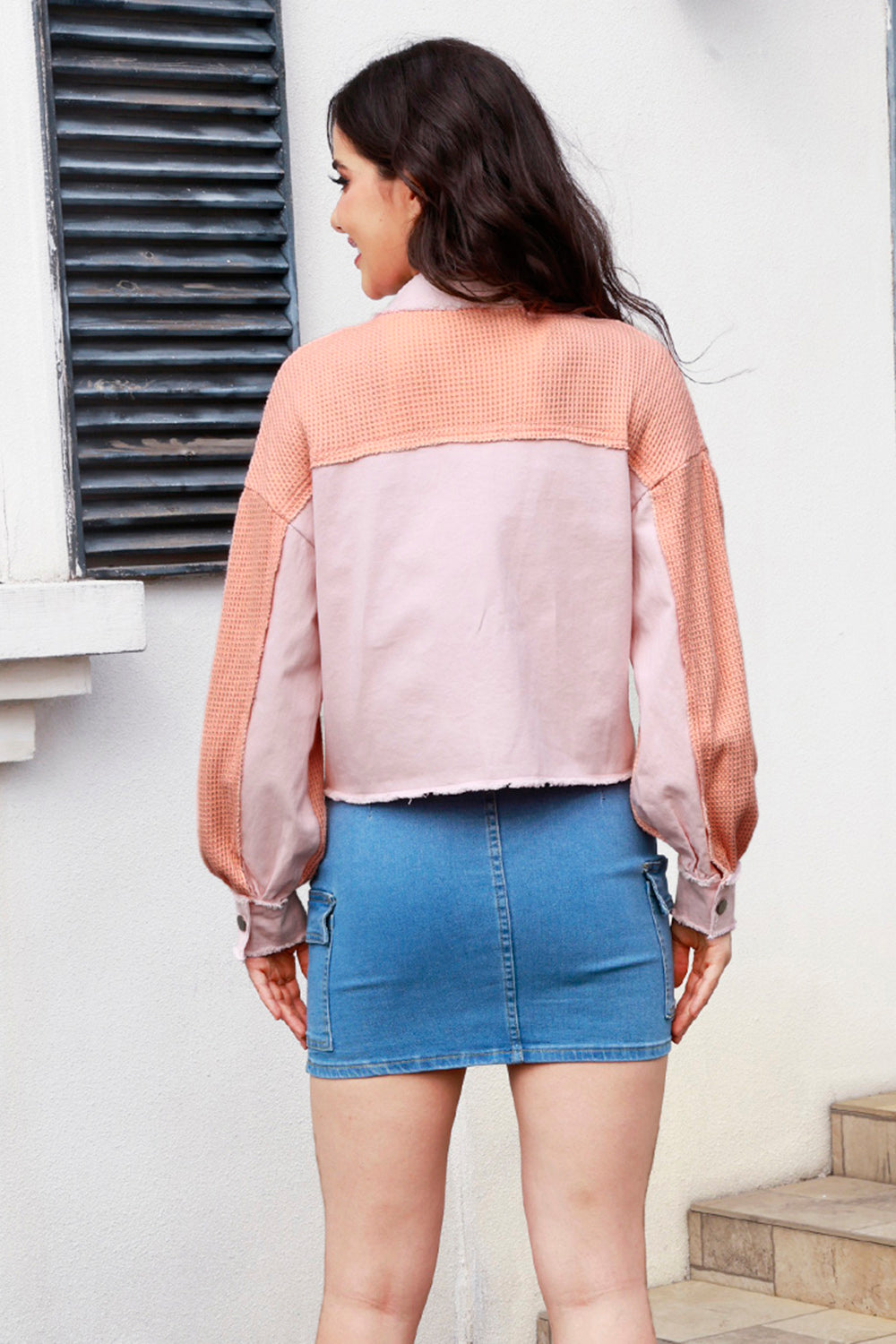 MeiMei Button Up Raw Hem Long Sleeve Jacket