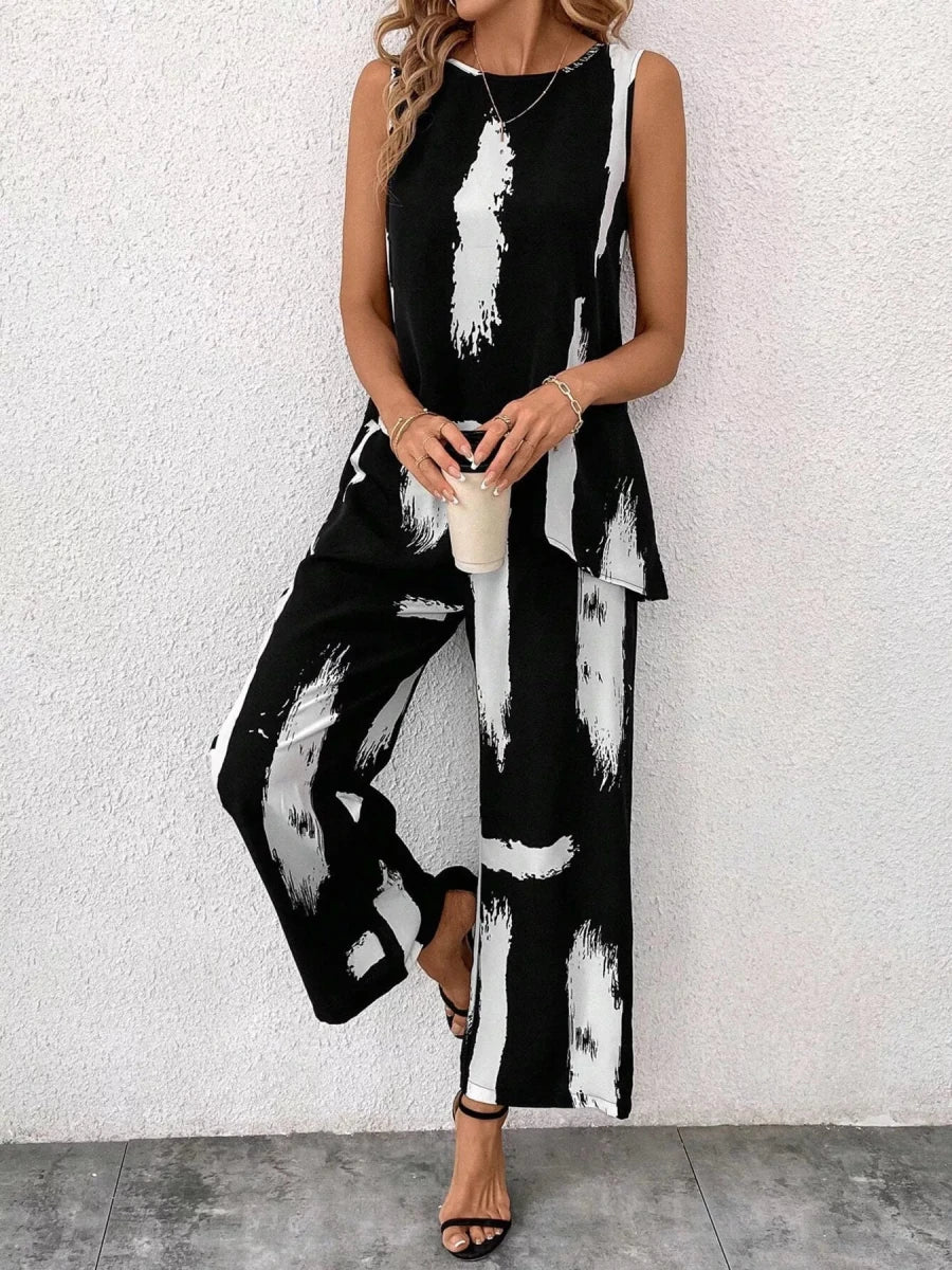 Abstract Print Sleeveless Top & Wide Leg Pants Set - 
