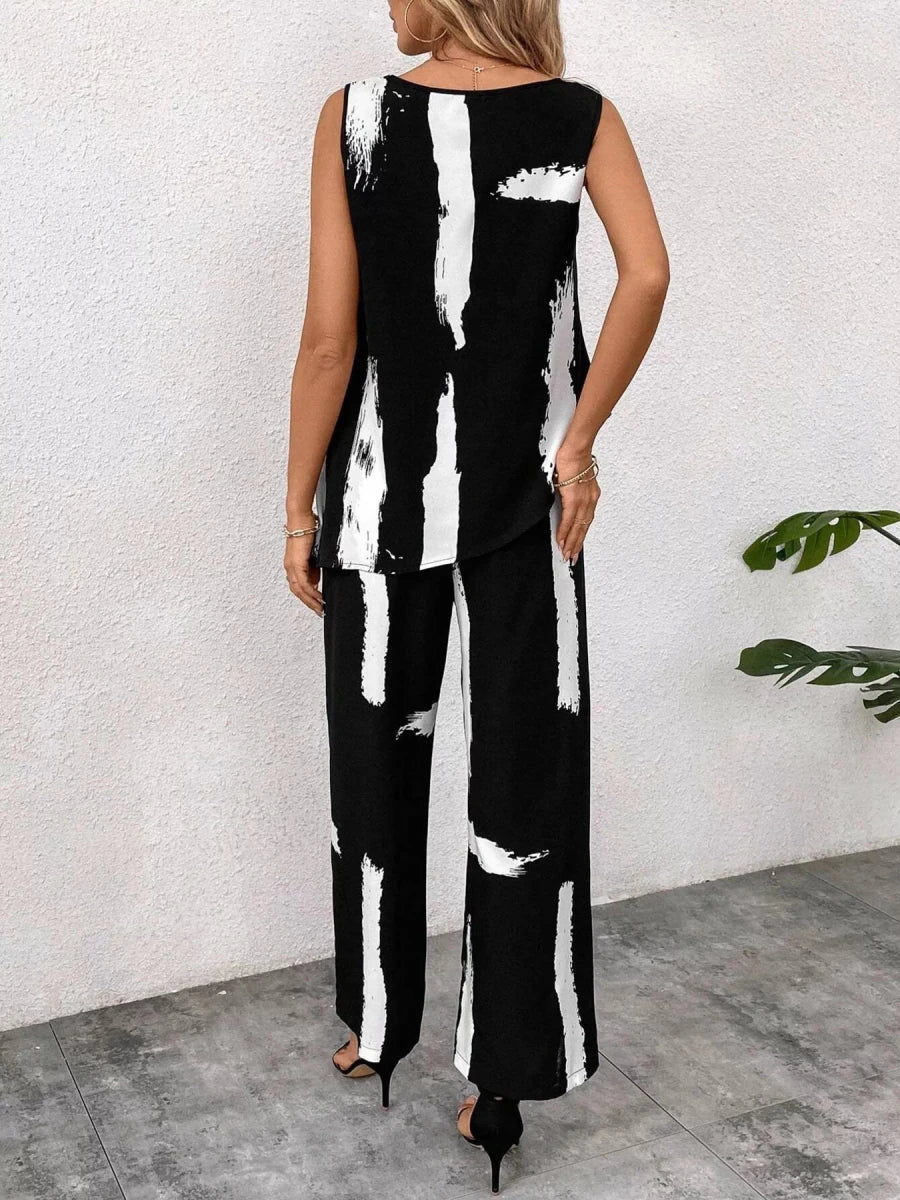 Abstract Print Sleeveless Top & Wide Leg Pants Set - 