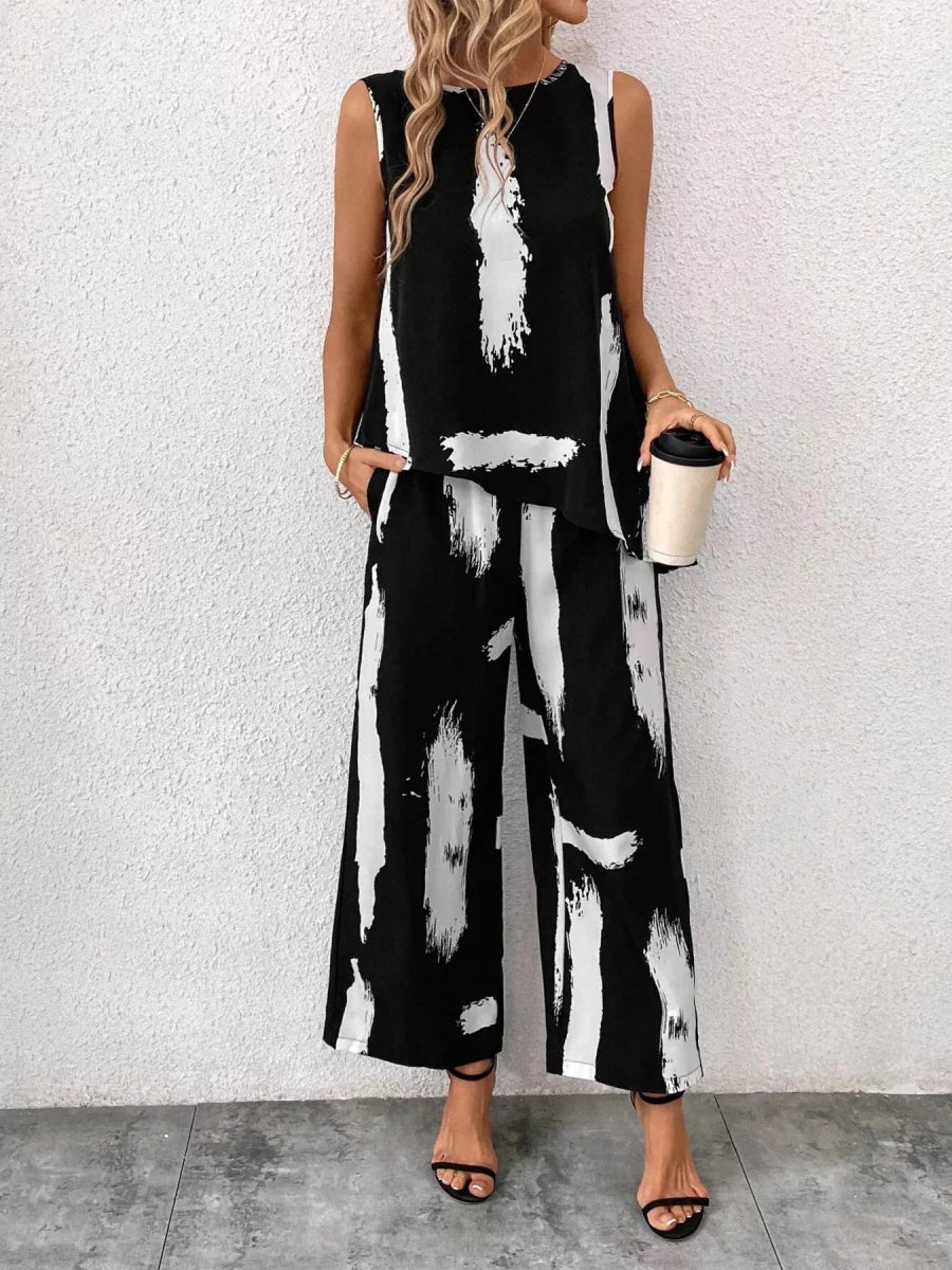 Abstract Print Sleeveless Top & Wide Leg Pants Set - 