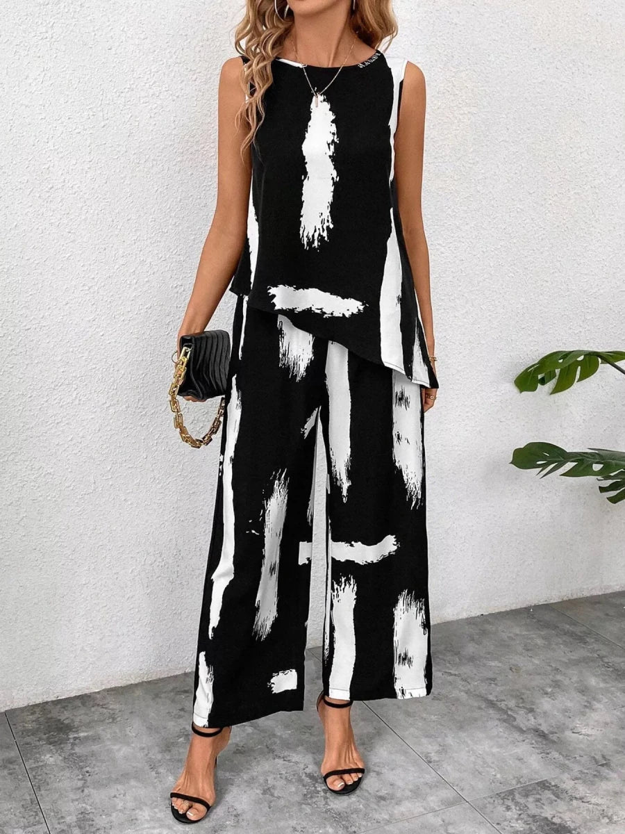 Abstract Print Sleeveless Top & Wide Leg Pants Set - 