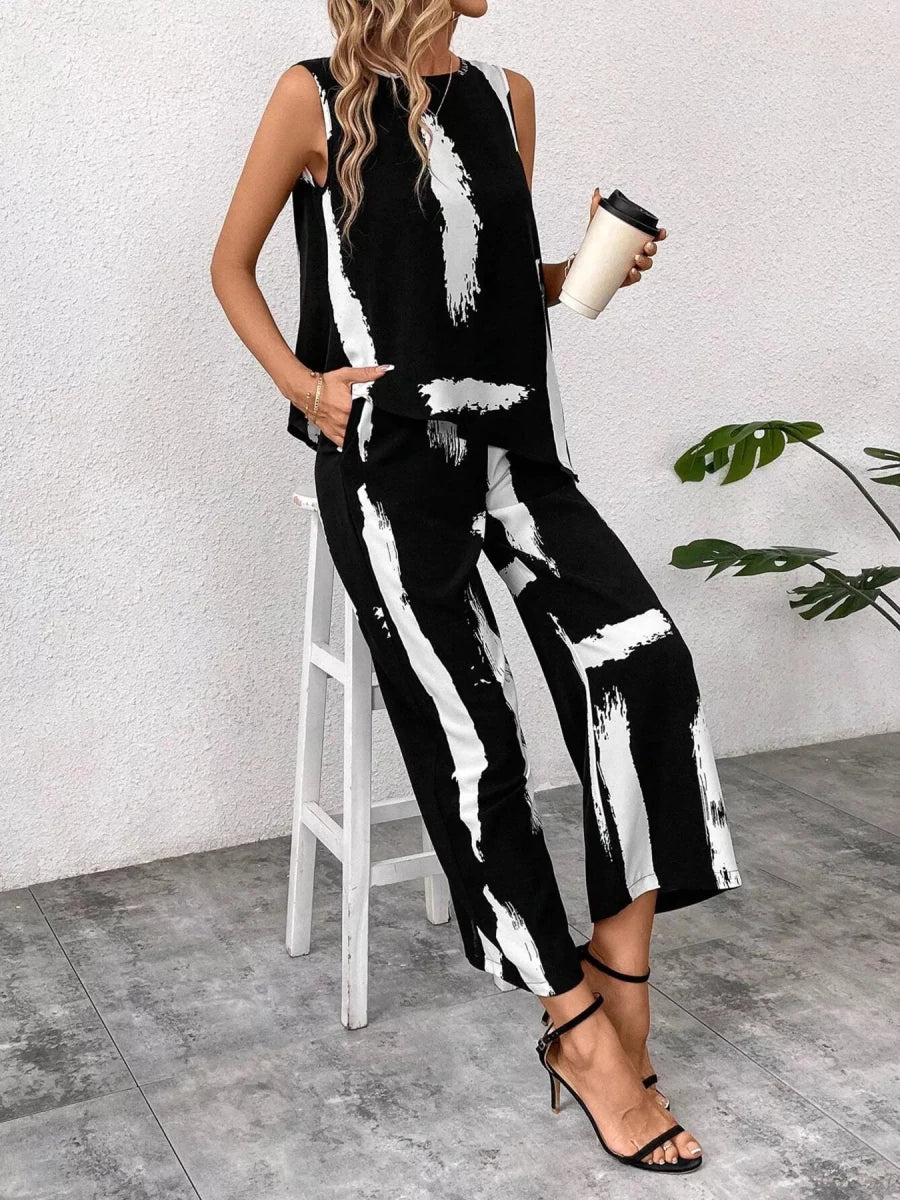 Abstract Print Sleeveless Top & Wide Leg Pants Set - 