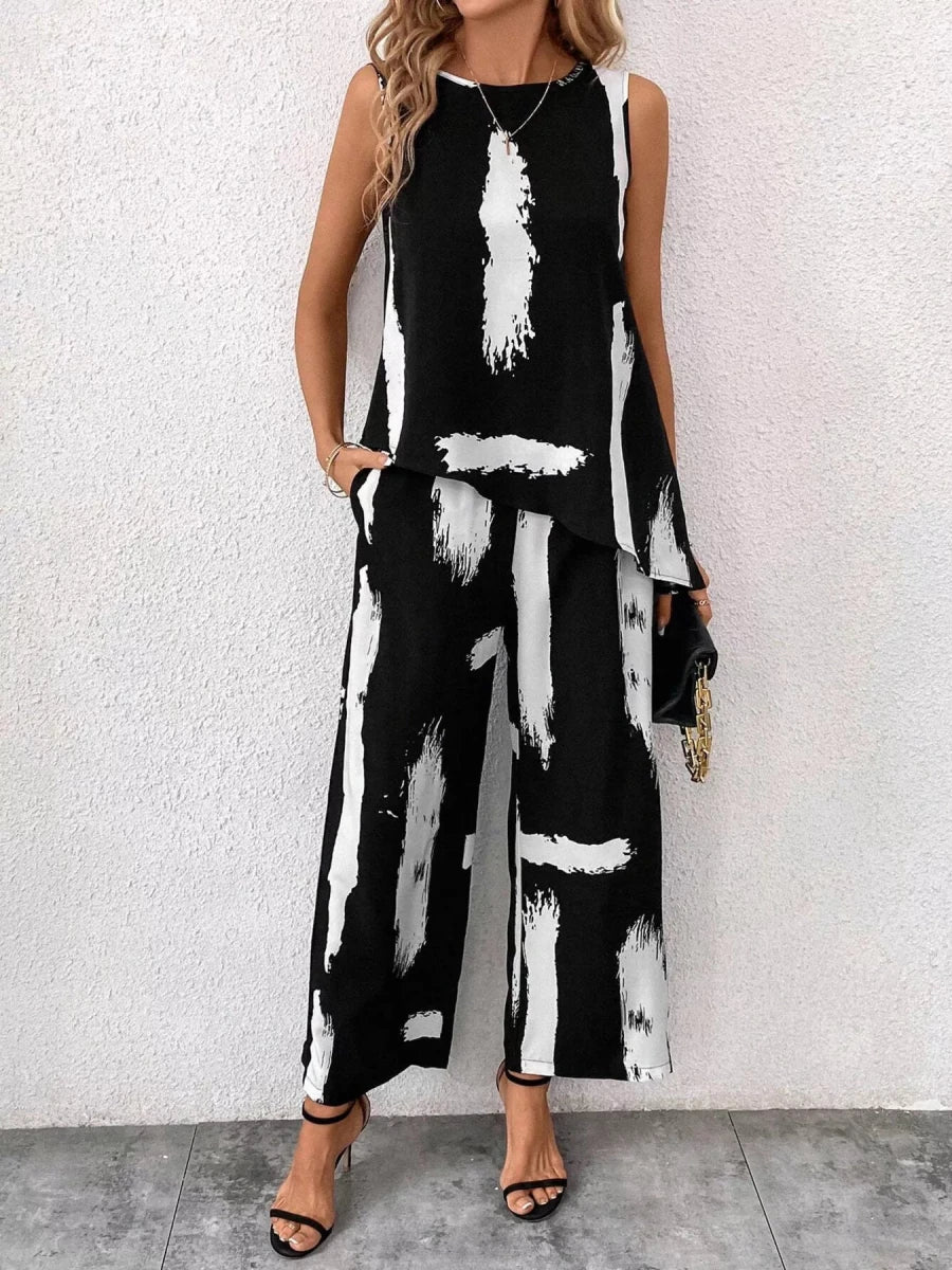 Abstract Print Sleeveless Top & Wide Leg Pants Set - 
