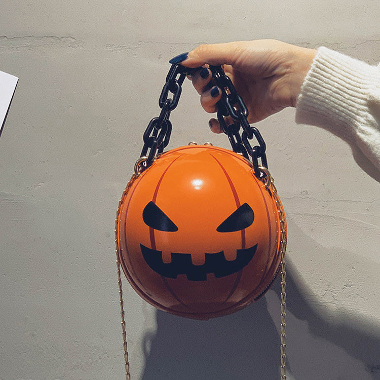 Halloween Cartoon Pumpkin Ball Handbags With Chain Personality Creative Funny Shoulder Bags For Kids Women