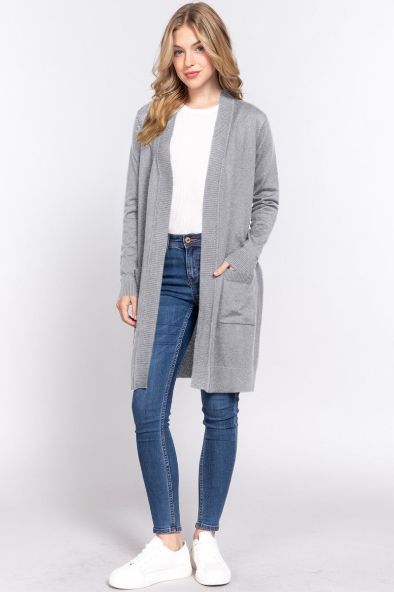 ACTIVE BASIC Open Front Rib Trim Long Sleeve Knit Cardigan - Outerwear