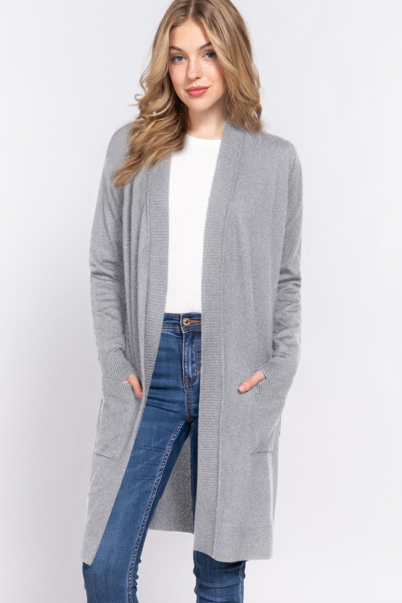 ACTIVE BASIC Open Front Rib Trim Long Sleeve Knit Cardigan - Outerwear