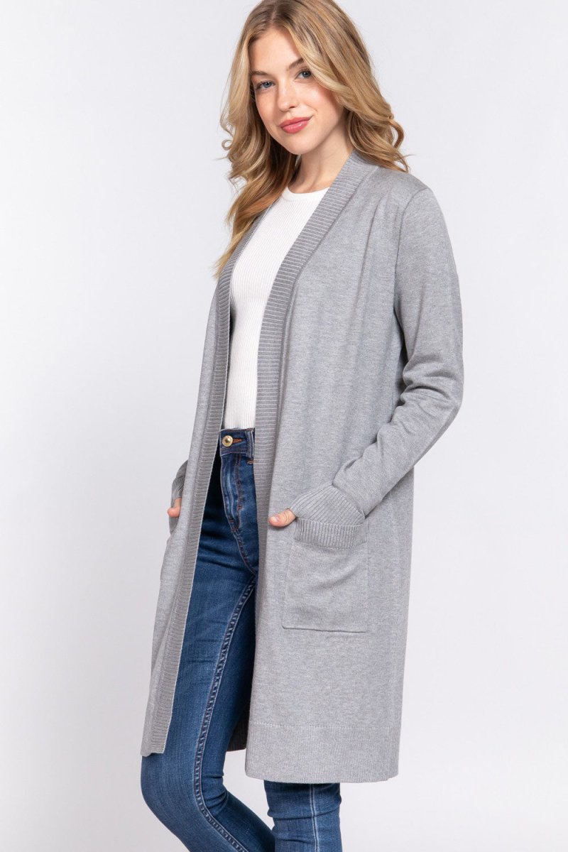 ACTIVE BASIC Open Front Rib Trim Long Sleeve Knit Cardigan - Outerwear