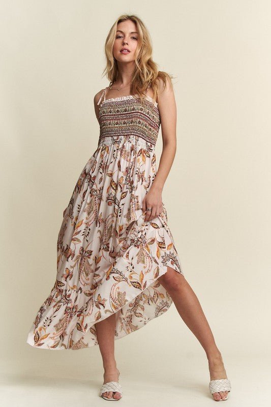 ADORA Smocked Printed Square Neck Tie Shoulder Cami Dress - New Arrivals