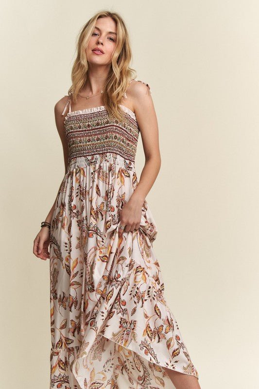 ADORA Smocked Printed Square Neck Tie Shoulder Cami Dress - New Arrivals