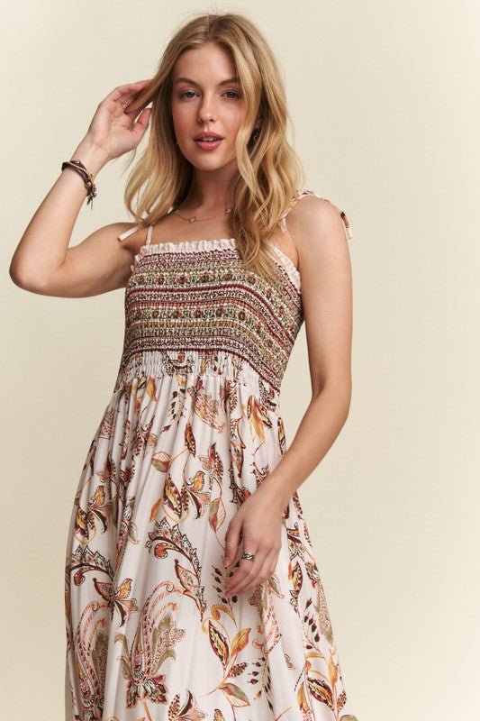ADORA Smocked Printed Square Neck Tie Shoulder Cami Dress - New Arrivals