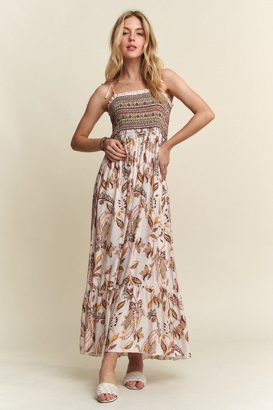 ADORA Smocked Printed Square Neck Tie Shoulder Cami Dress - New Arrivals