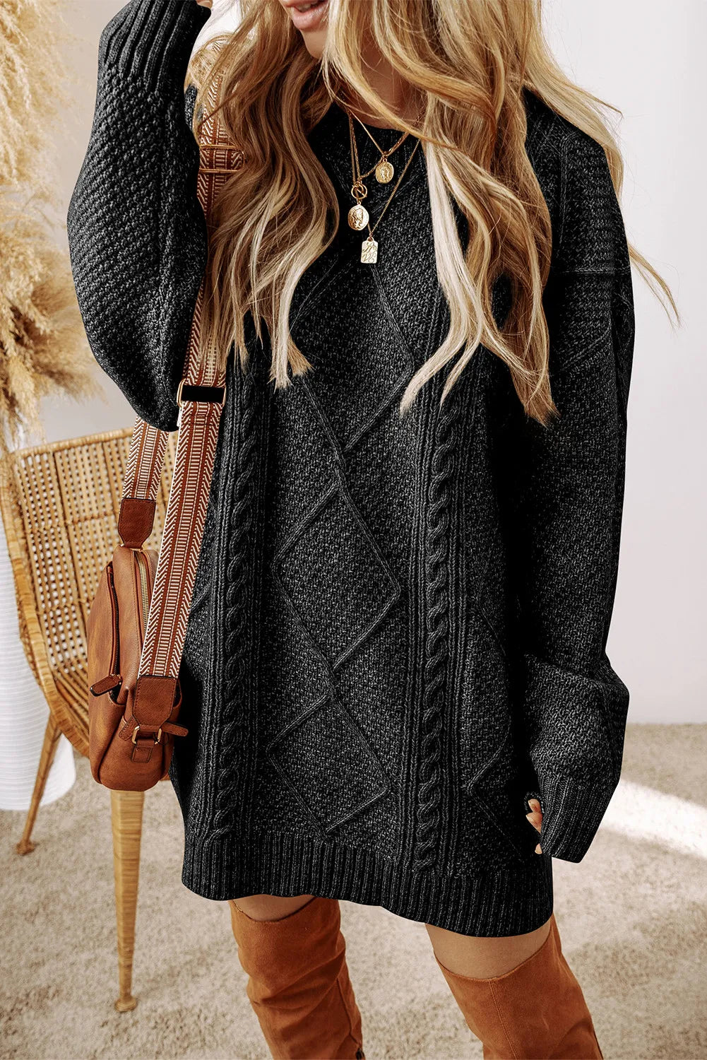 cable-knit round neck sweater dress