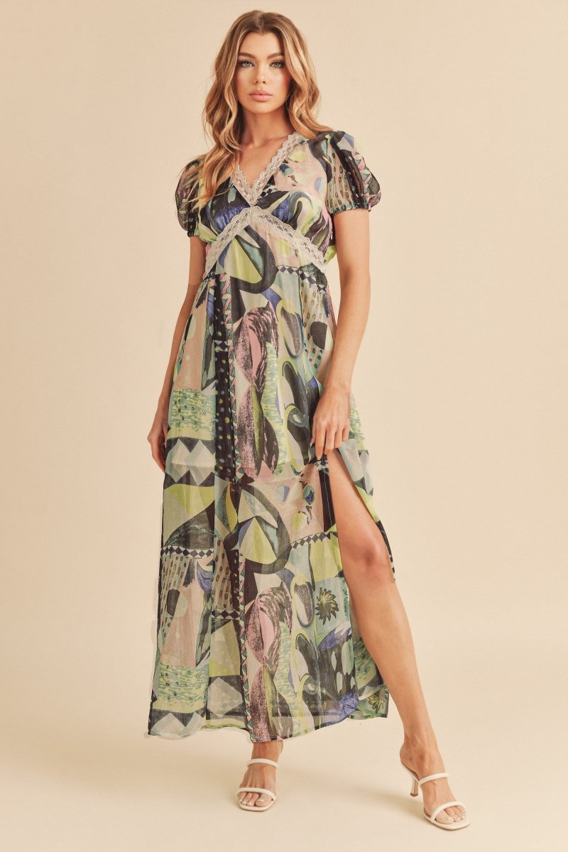 Aemi + Co Lace Detail Slit Geometric Print Short Sleeve Maxi Dress - New Arrivals