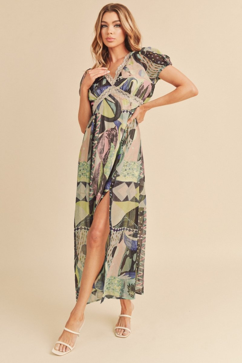 Aemi + Co Lace Detail Slit Geometric Print Short Sleeve Maxi Dress - New Arrivals
