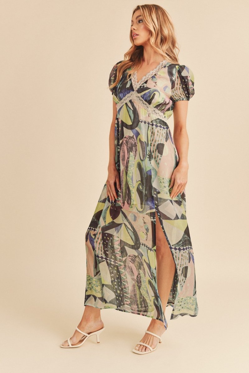 Aemi + Co Lace Detail Slit Geometric Print Short Sleeve Maxi Dress - New Arrivals