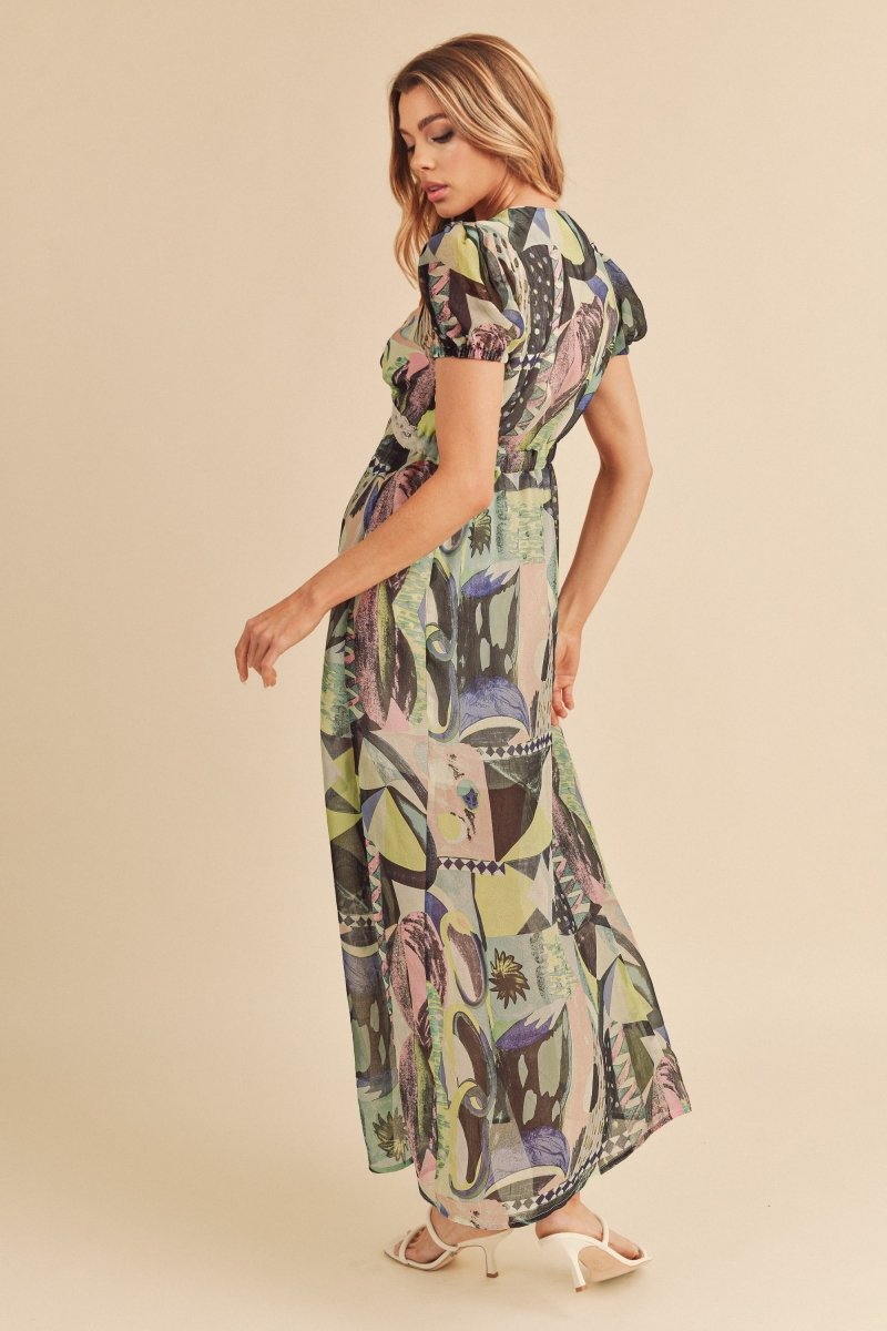 Aemi + Co Lace Detail Slit Geometric Print Short Sleeve Maxi Dress - New Arrivals