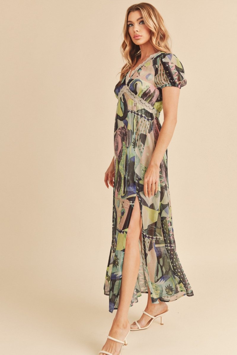 Aemi + Co Lace Detail Slit Geometric Print Short Sleeve Maxi Dress - New Arrivals