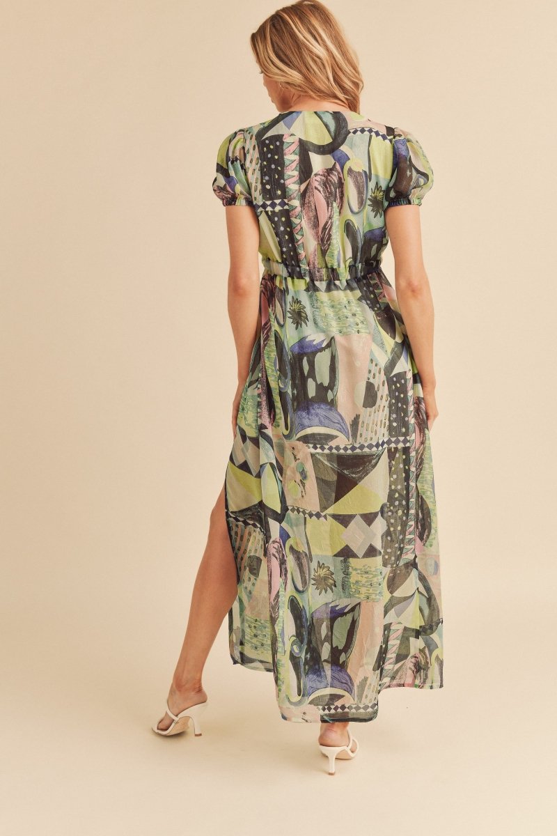 Aemi + Co Lace Detail Slit Geometric Print Short Sleeve Maxi Dress - New Arrivals