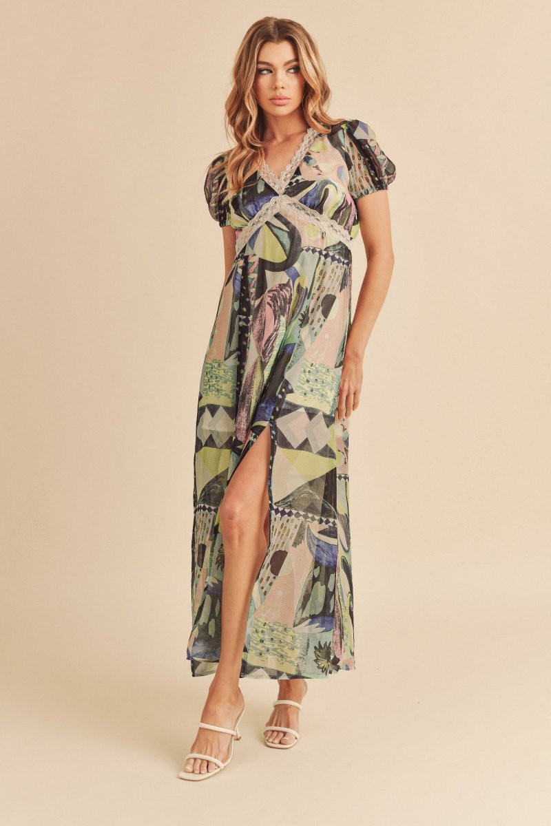 Aemi + Co Lace Detail Slit Geometric Print Short Sleeve Maxi Dress - New Arrivals