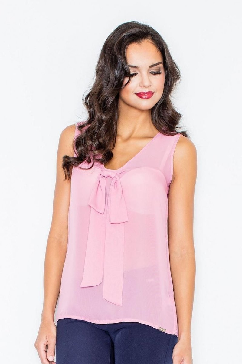 Airy Sleeveless Blouse with Half - Round Neckline & Impressive Tie Detail - Top