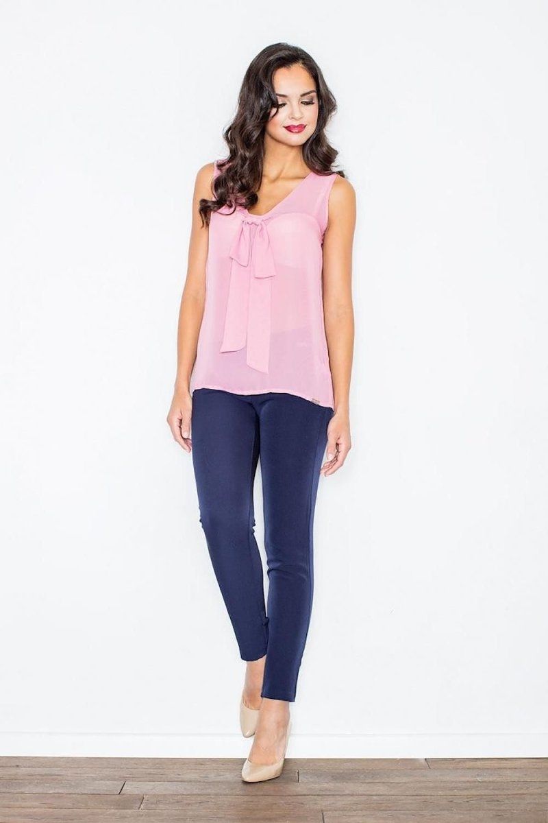 Airy Sleeveless Blouse with Half - Round Neckline & Impressive Tie Detail - Top