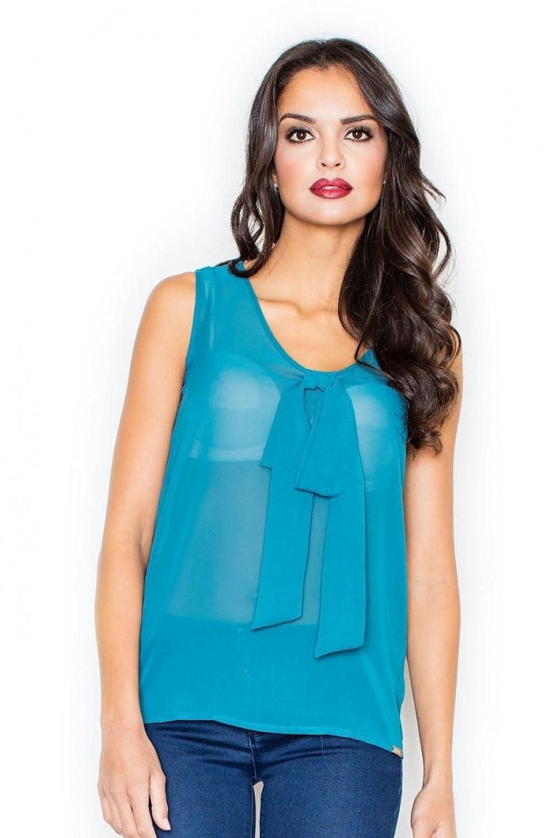 Airy Sleeveless Blouse with Half - Round Neckline & Impressive Tie Detail - Top
