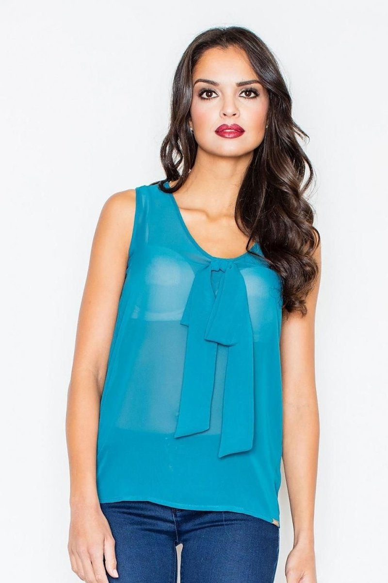 Airy Sleeveless Blouse with Half - Round Neckline & Impressive Tie Detail - Top