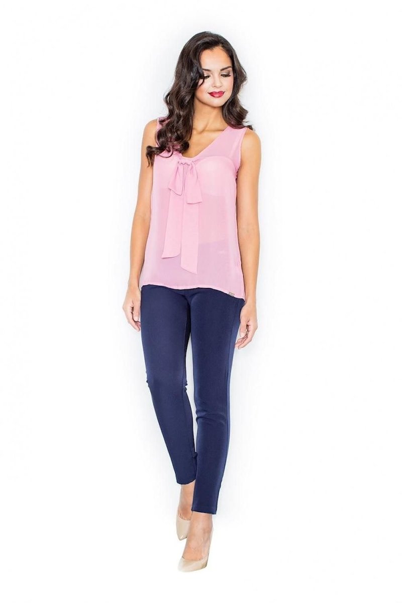 Airy Sleeveless Blouse with Half - Round Neckline & Impressive Tie Detail - Top