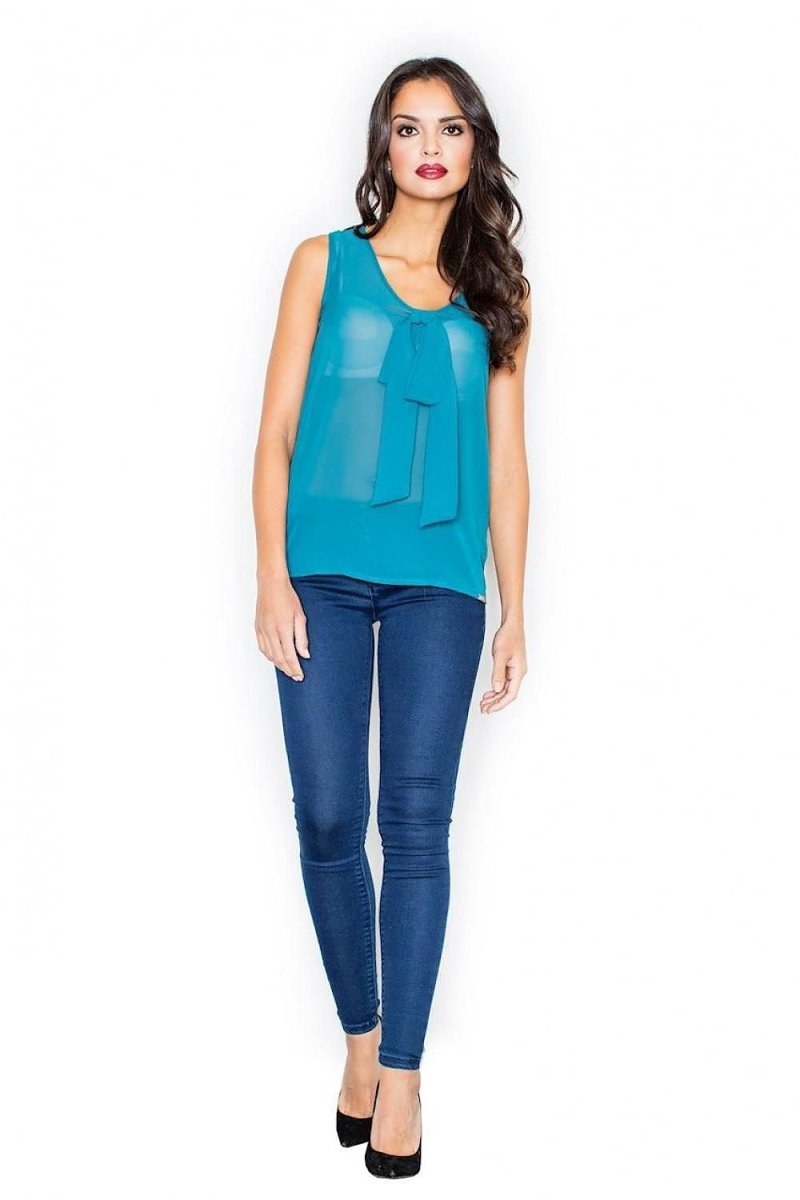 Airy Sleeveless Blouse with Half - Round Neckline & Impressive Tie Detail - Top