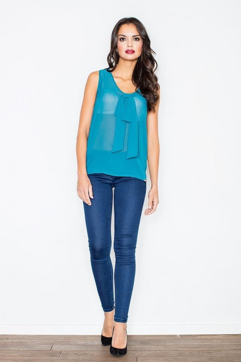 Airy Sleeveless Blouse with Half - Round Neckline & Impressive Tie Detail - Top