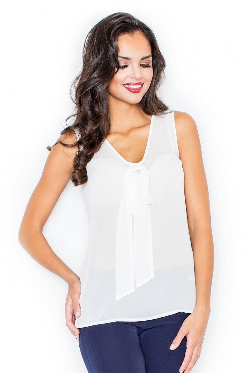 Airy Sleeveless Blouse with Half - Round Neckline & Impressive Tie Detail - Top
