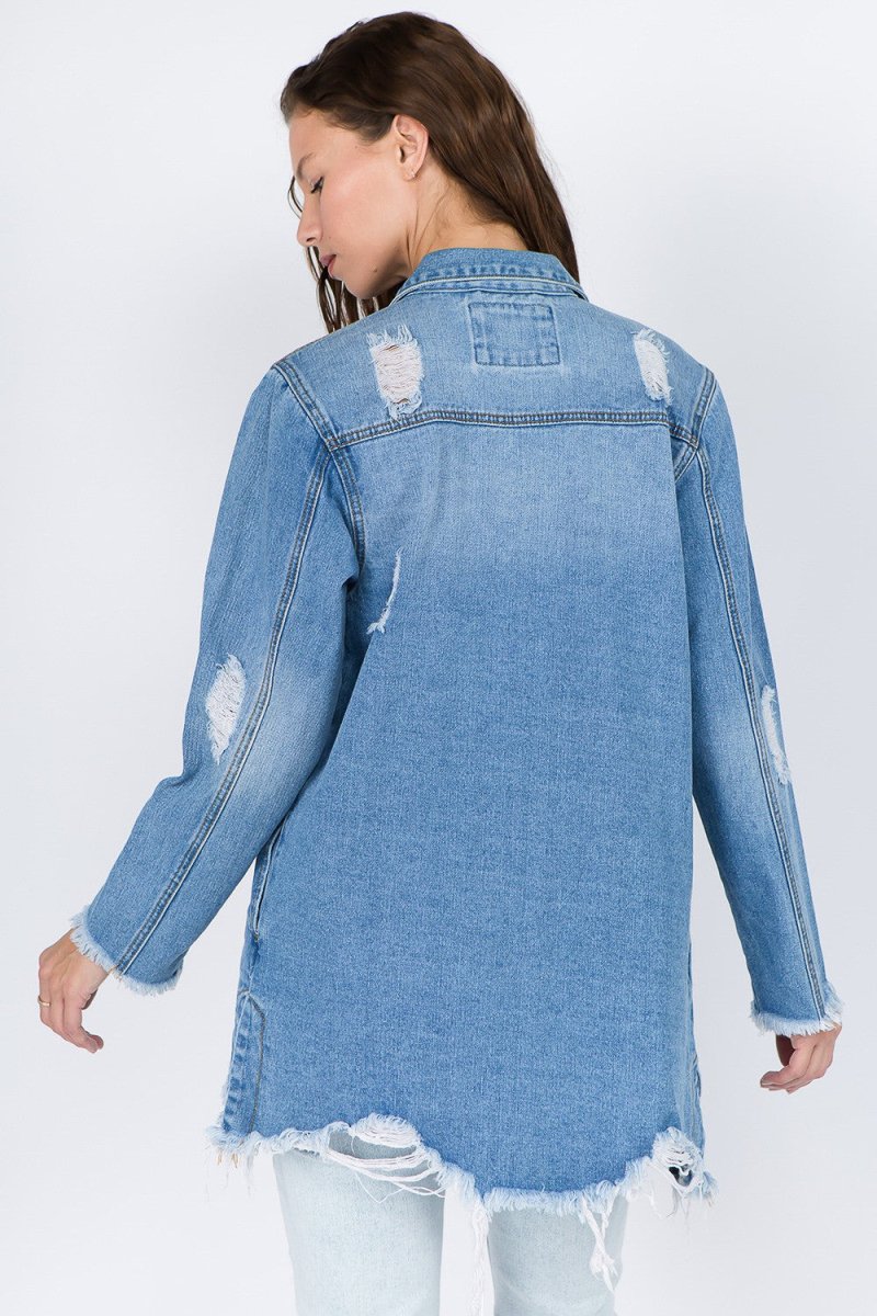 American Bazi Distressed Frayed Hem Denim Jacket - Outerwear